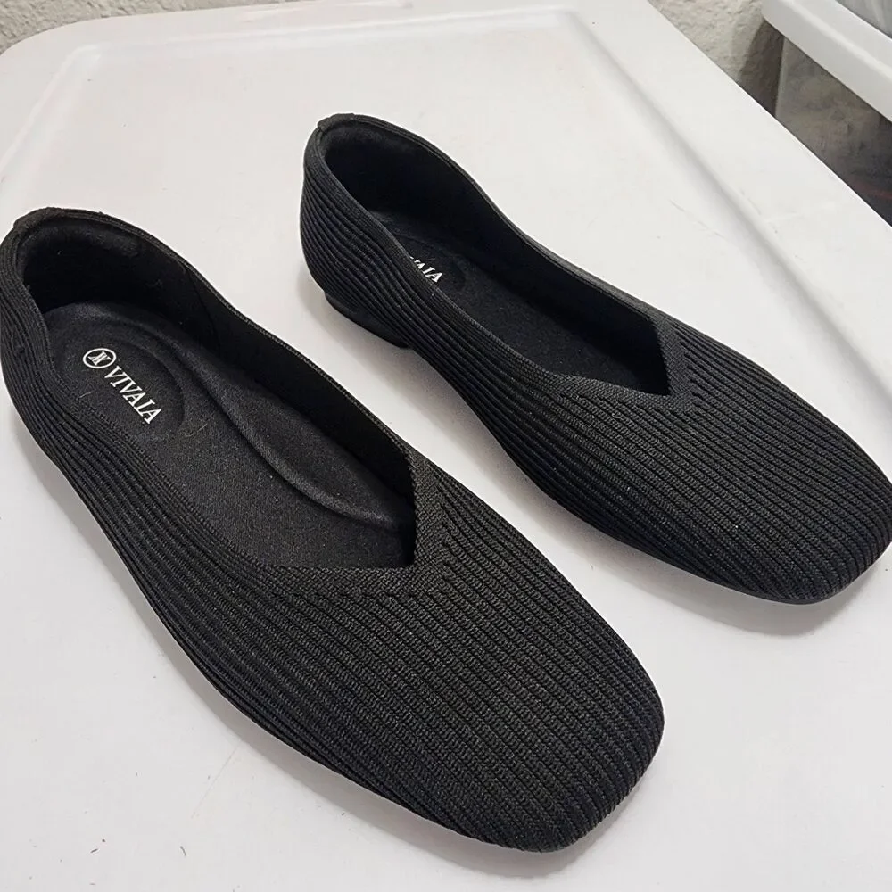 VIVAIA Margot 2.0 Square Toe V-Cut Knit Ballet Flats Black Slip-on Womens 39